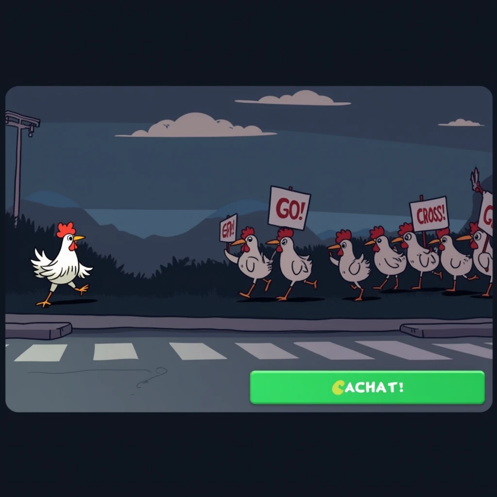 Gallina cruzando la carretera con grupo animado de apoyo y carteles GO